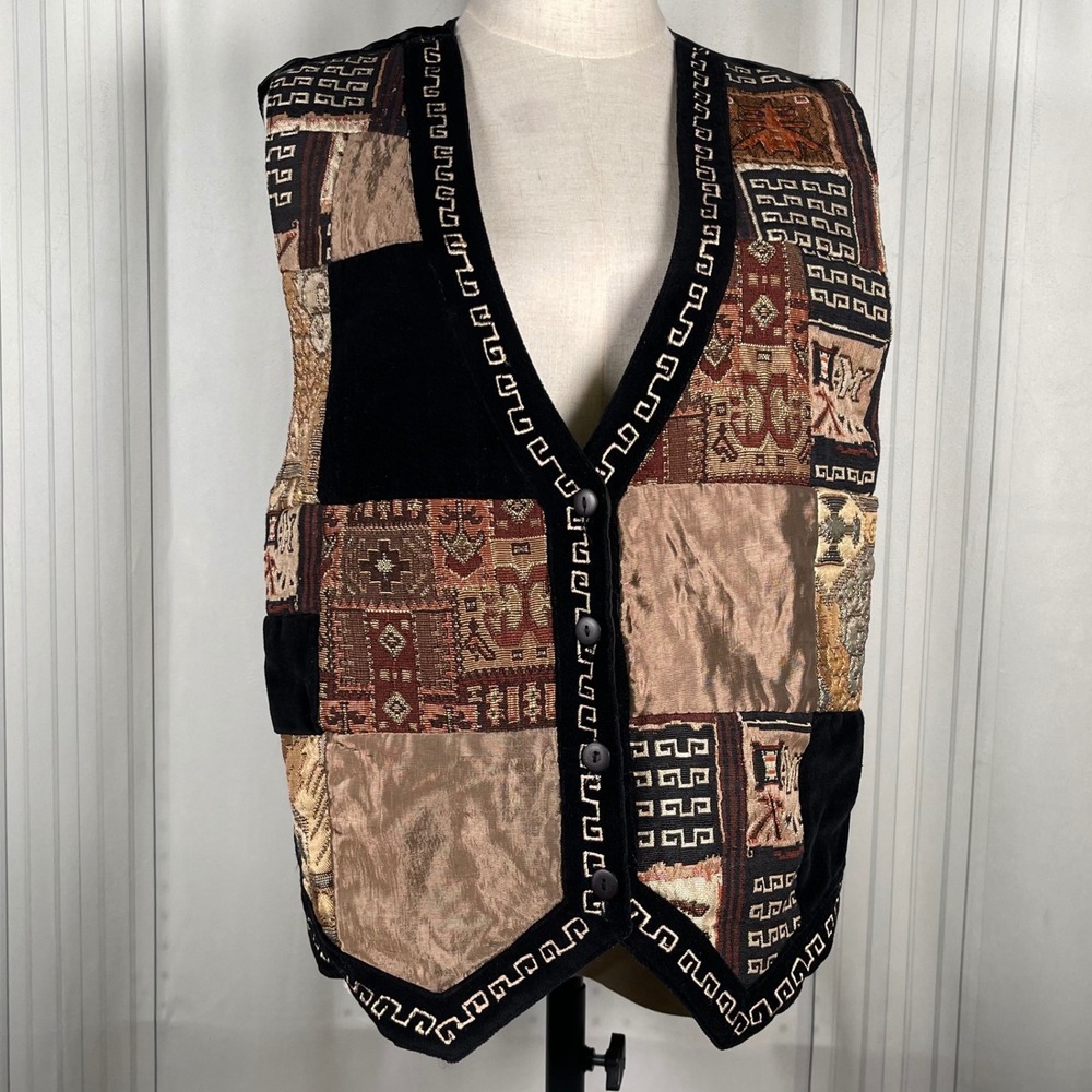 Vintage 90's - Paul Harris Design‎ - Patchwork Tapestry Velvet Trim Vest - Large